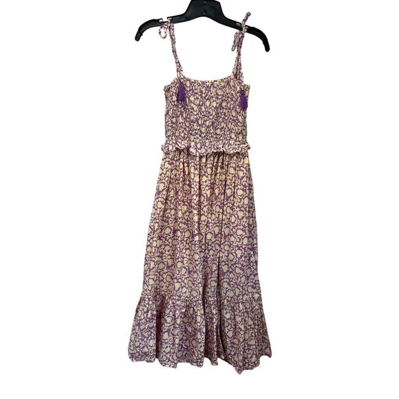 Perry Walker Collective 100% Cotton Smocked Midi Dress Purple Print Size S/M - Picture 1 of 7